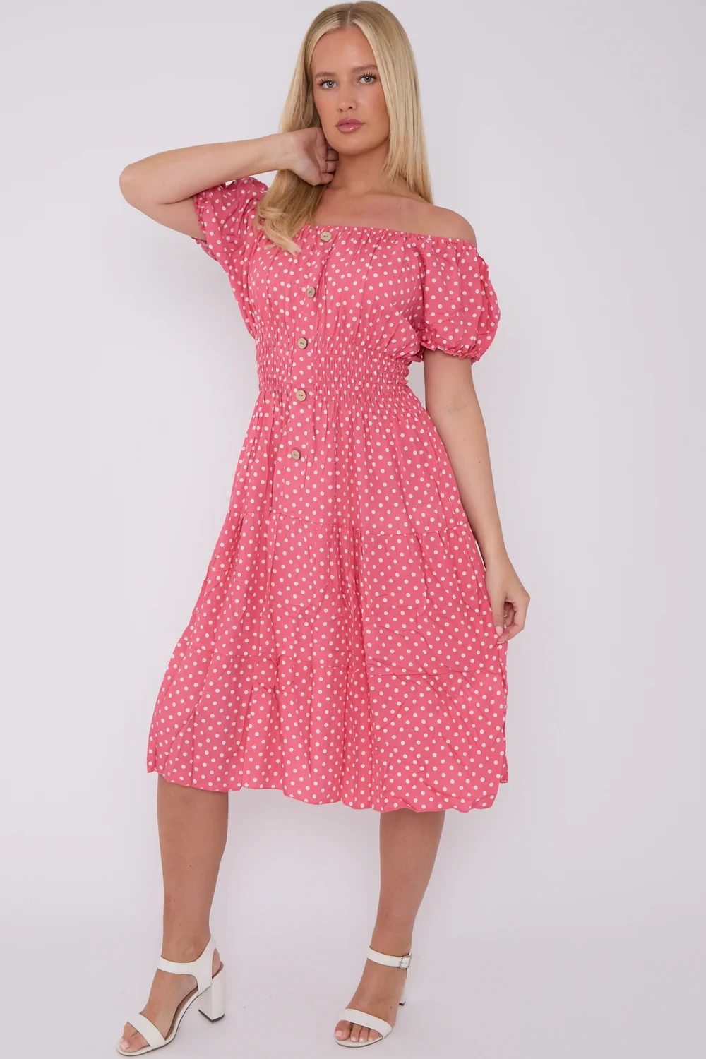 OFF SHOULDER BUTTON DETAIL DRESS - PINK