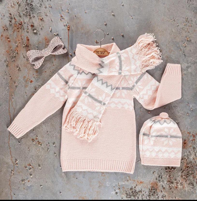 Girls Snowflake Knitted Jumper with Hat & Scarf (6-9Y) - PINK