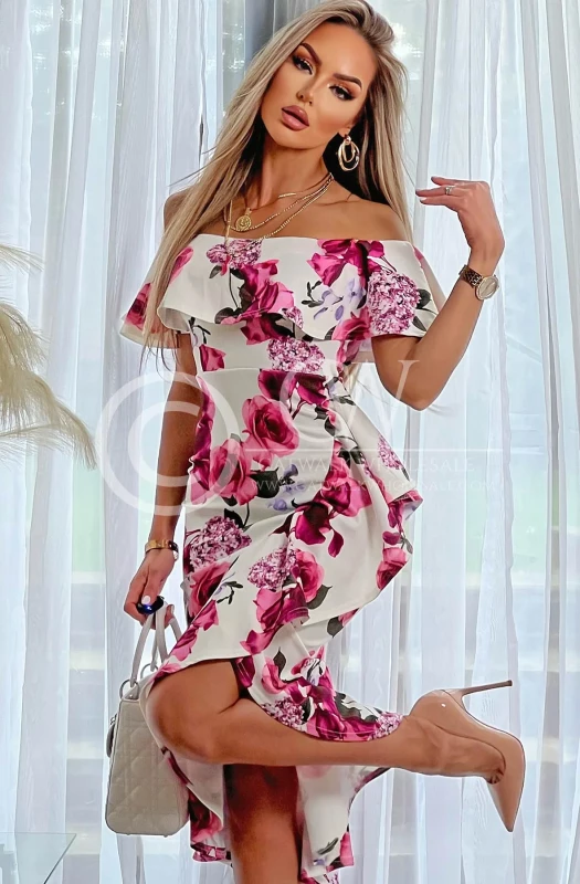 ALEXIA FLORAL FRILL BARDOT DRESS-PINK