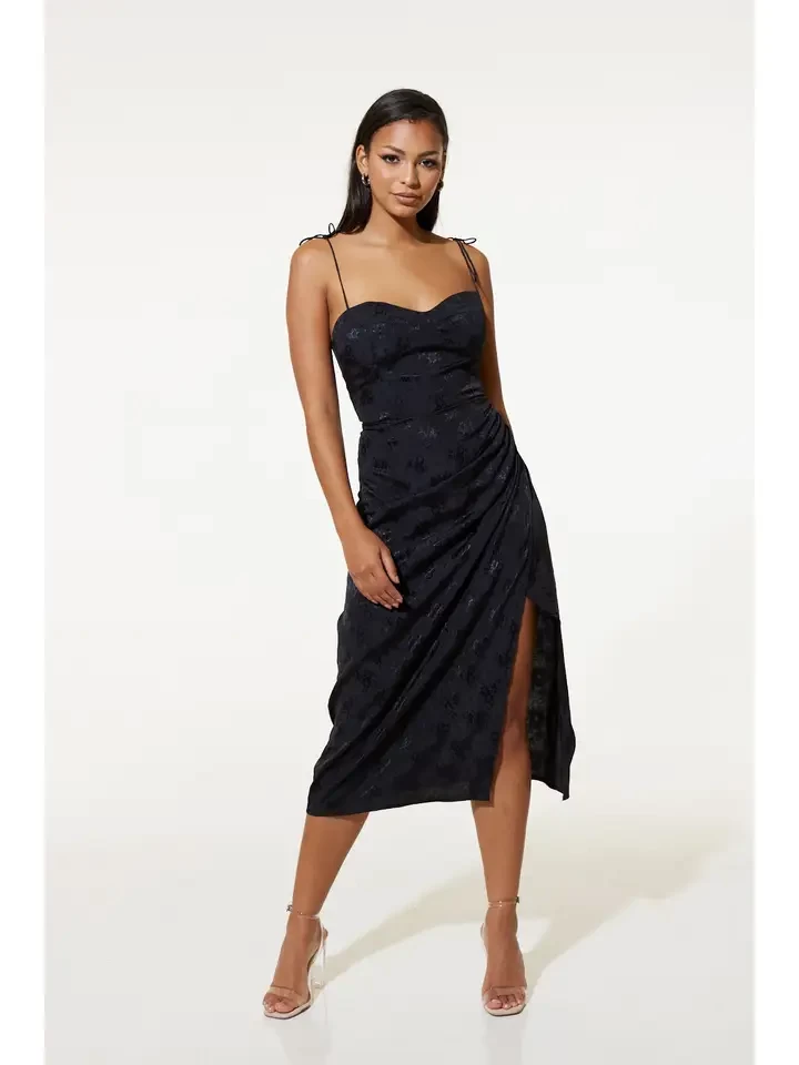 Elena Dress in Recycled Black Rose Jacquard