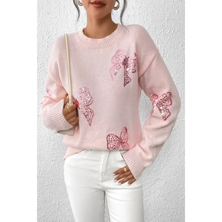 Knit Sequin Bow Round Neck Loose Fit Sweater
