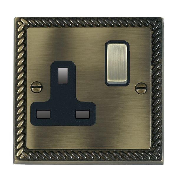 Hamilton Cheriton Georgian Antique Brass 1 Gang 13A Switched Socket - Double Pole with Black Insert