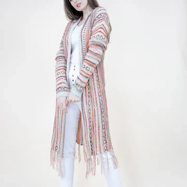 Tribal Stripe Pattern Hoodie Fringed Long Cardigan