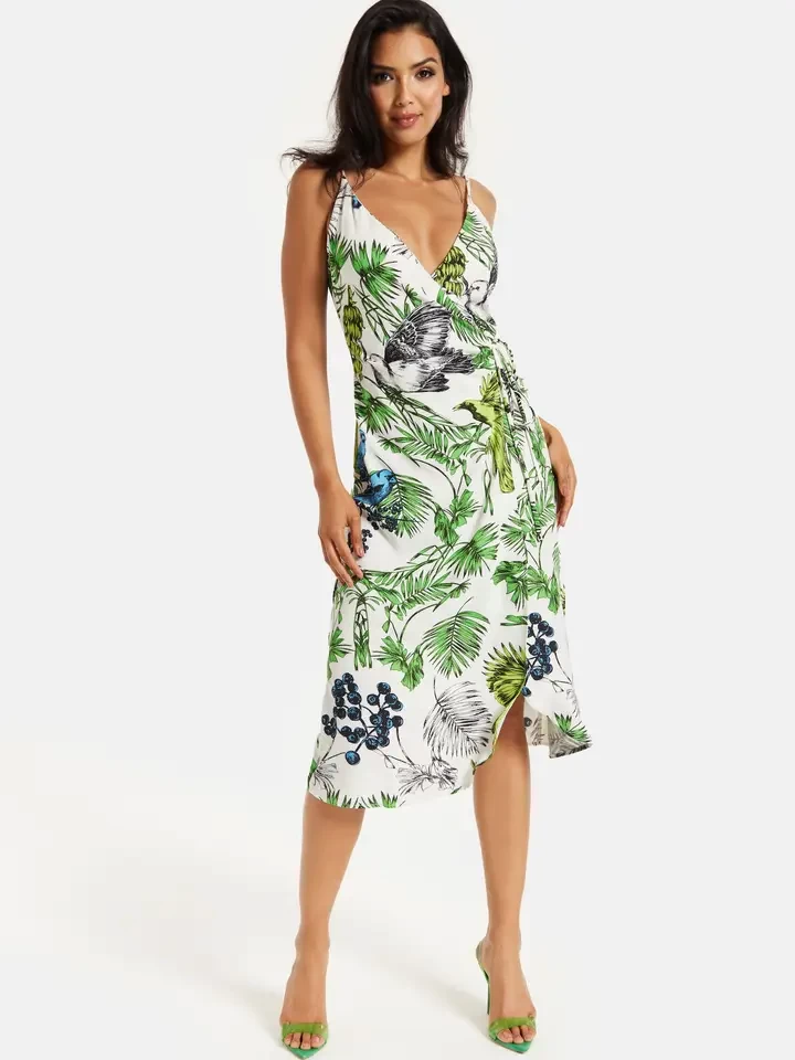 Liquorish Bird and Floral Print Midi Wrap Dress