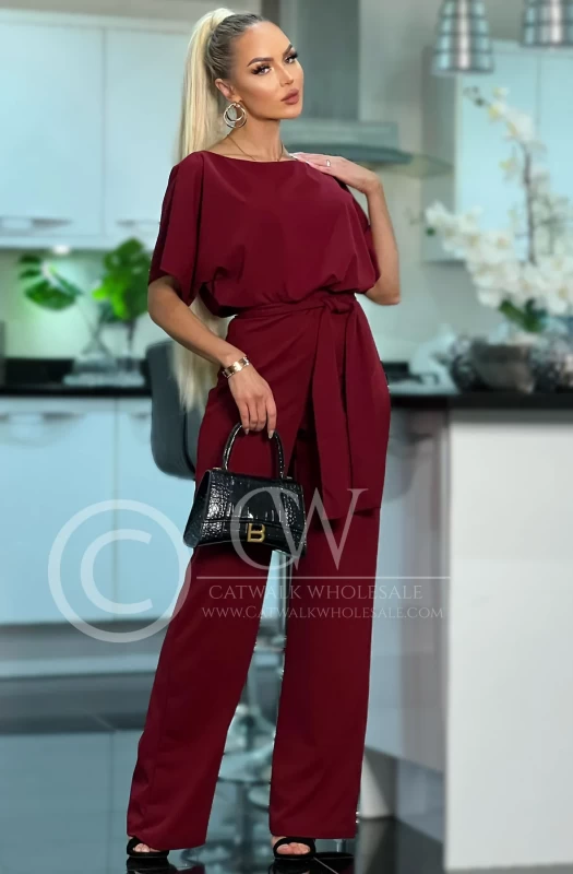 JUDITH PLUS SIZE WIDE LEG BELTED BATWING JUMPSUIT-WINE