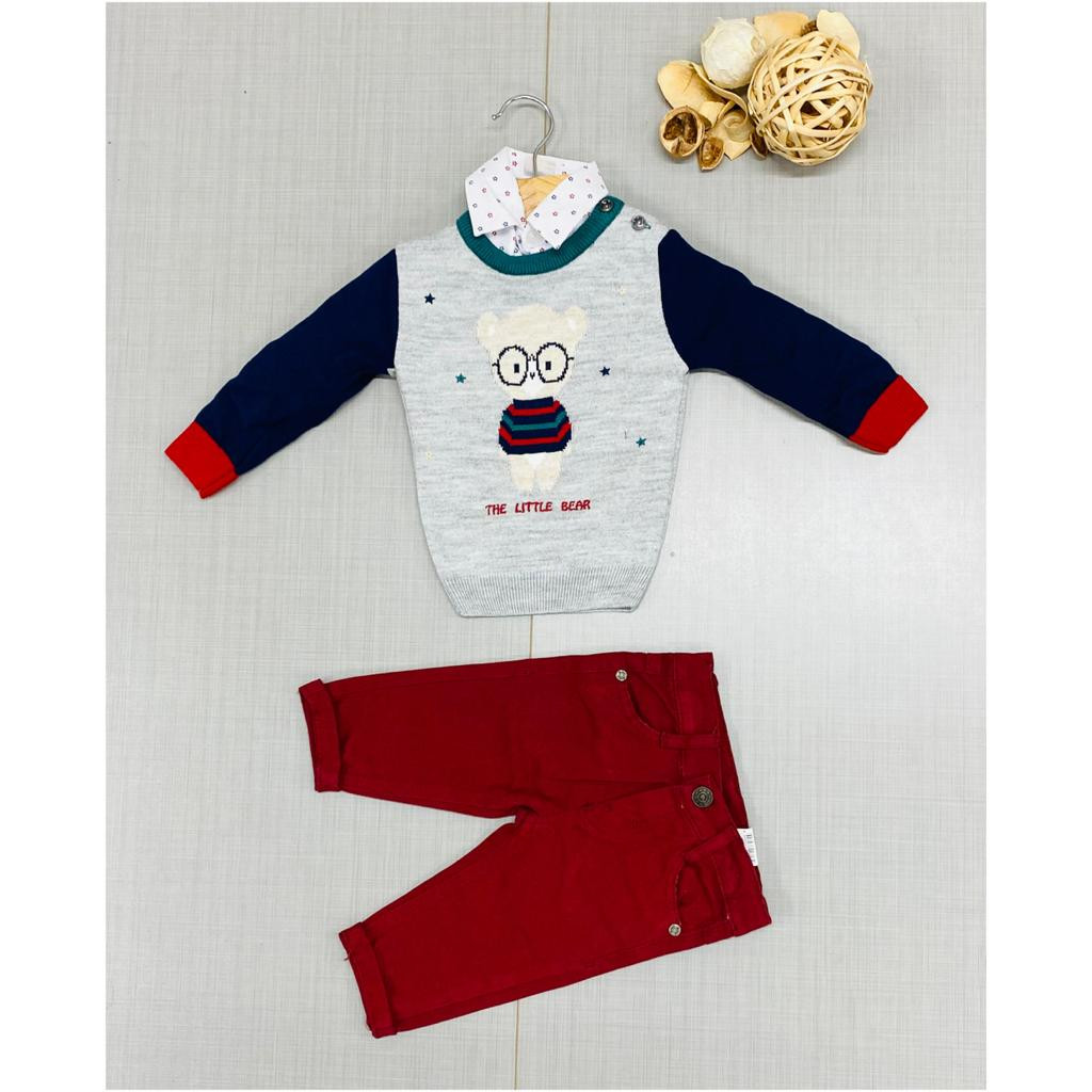 Baby Boys Three Piece Knitted Teddy Jumper & Chinos Set