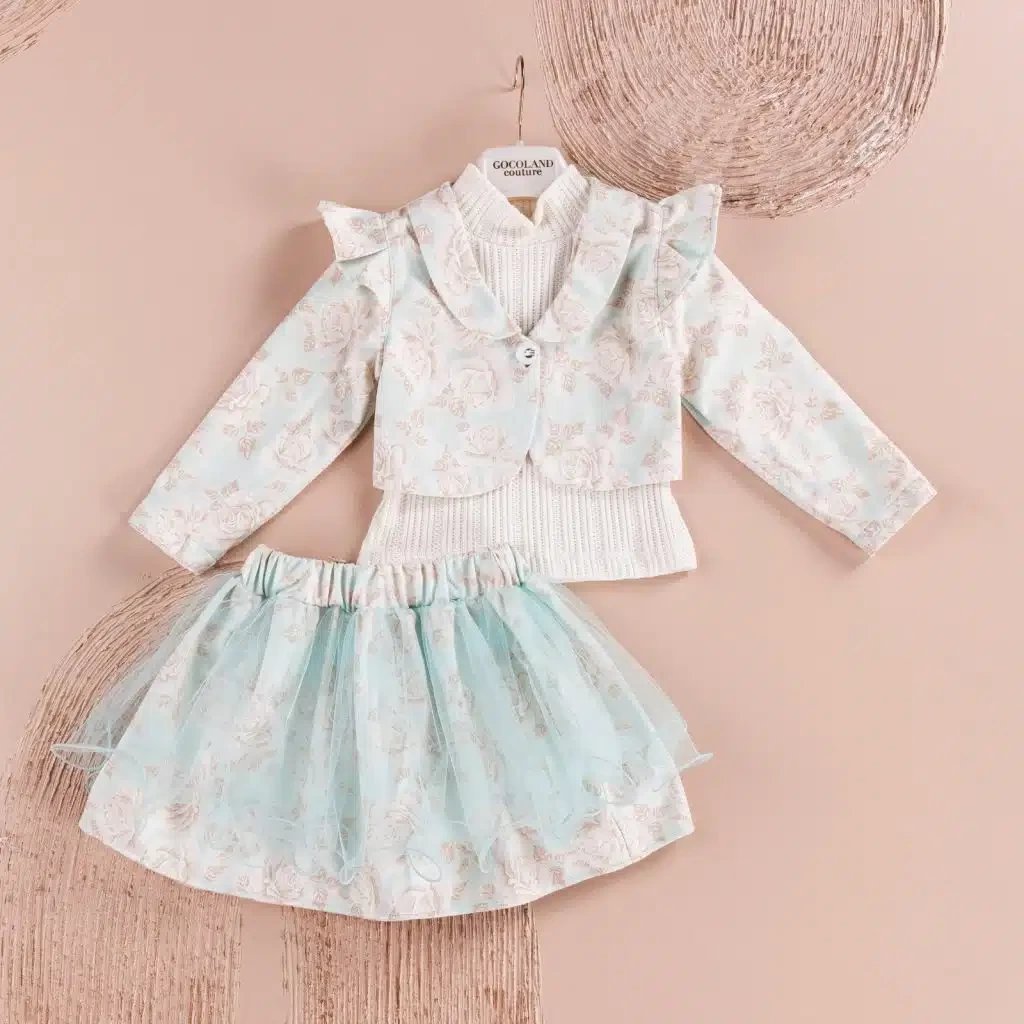 Girls Three Piece Floral Jacket & Net Skirt Set (2-5Y)