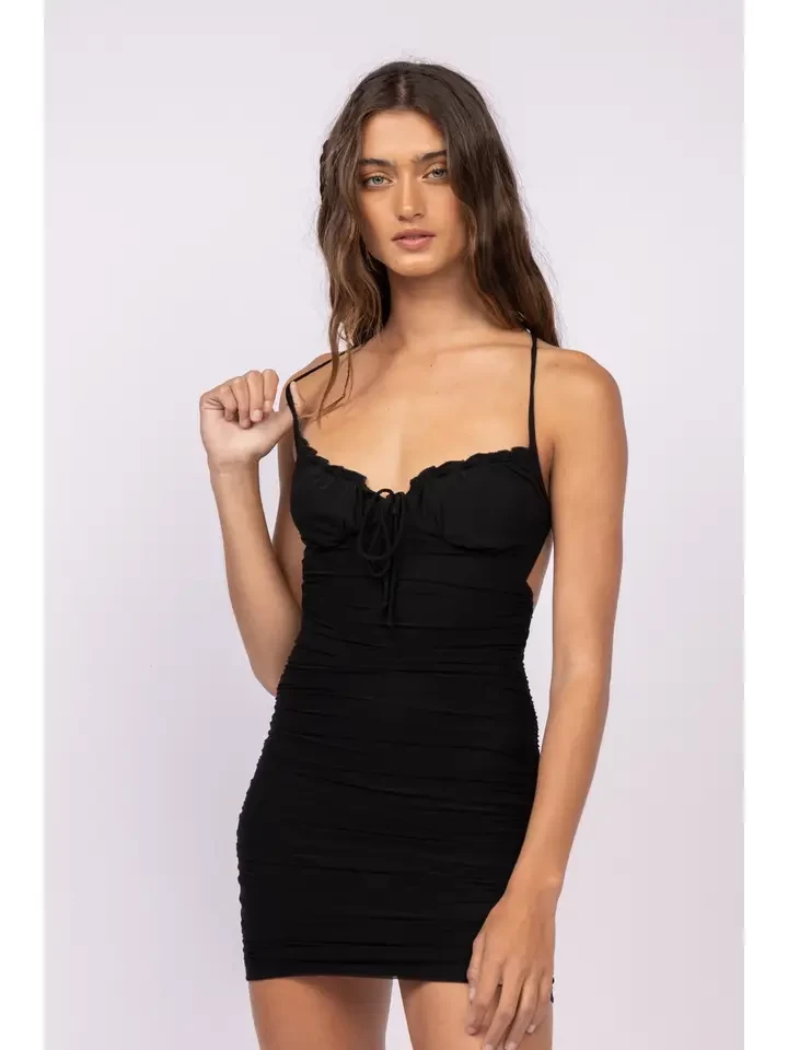 Solid Open Back Crossed Tie Slim Fit-in Mini Dress