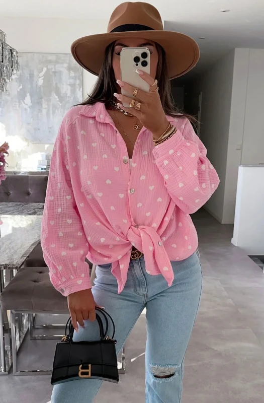 DINA 'HEARTS' PRINT OVERSIZED COTTON GAUZE STYLE BLOUSE SHIRT TOP-PINK