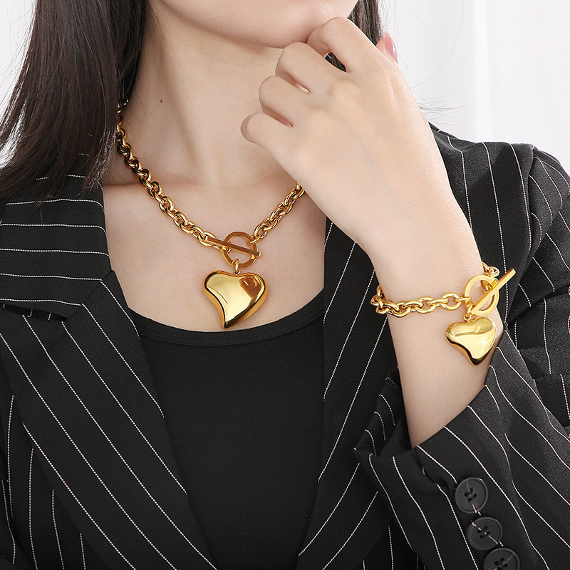 Fashion Geometric Titanium Steel 18k Gold Plated Plating Stainless Steel Bracelet & Necklace Set Gold