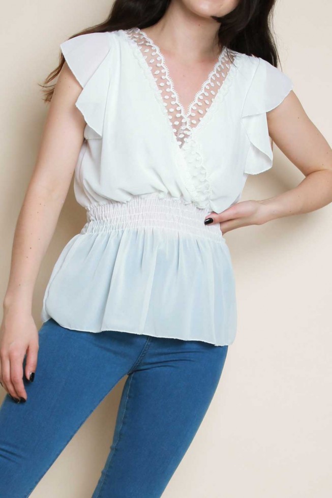 Lace Detail Frill Sleeves Wrap Shirred Top