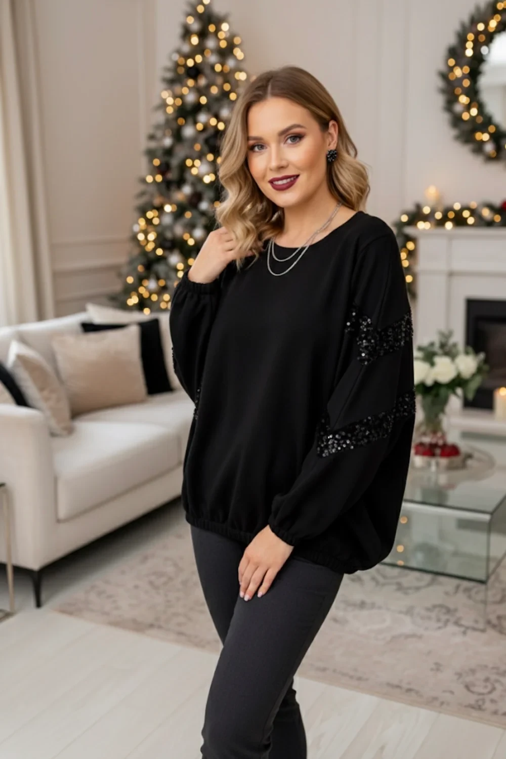 DETAIL SEQUIN SLEEVE SWEAT SHIRT