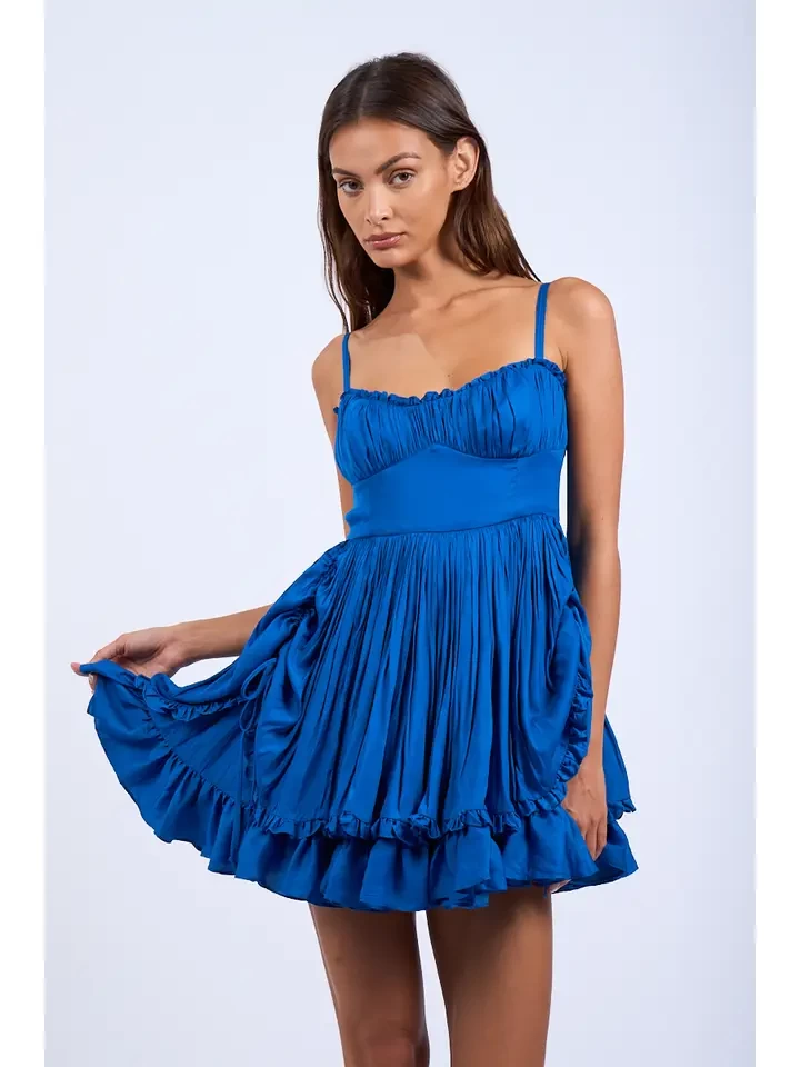 Satin Tie Point Double Layered Ruffle Mini Dress