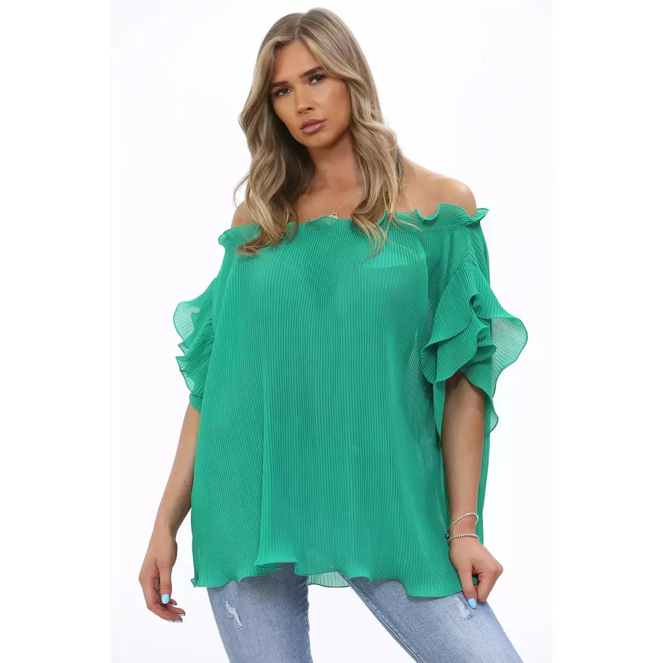 Perry pleate off the shoulder top