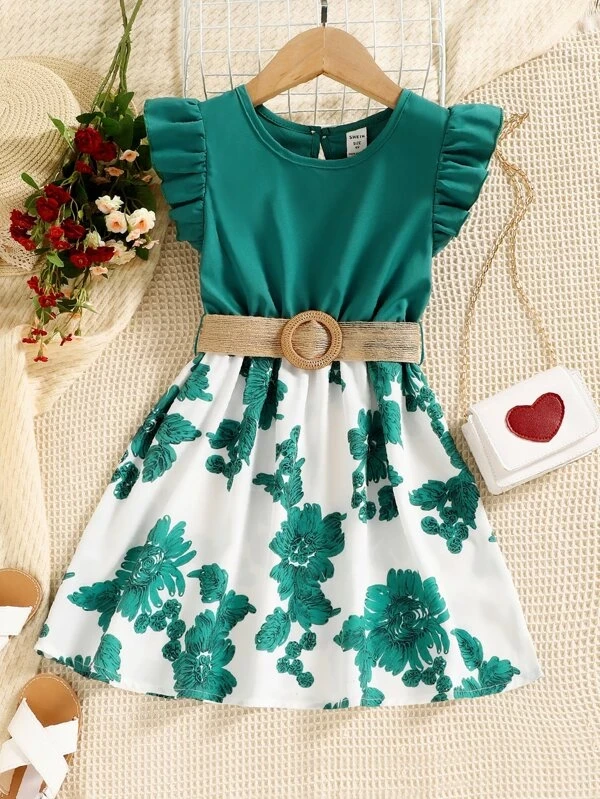 Toddler Girls Floral Print Flutter Sleeve Belted Dress