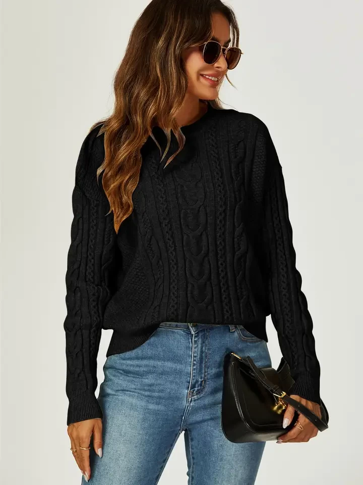Cable Knit Crew Neck Jumper in Black