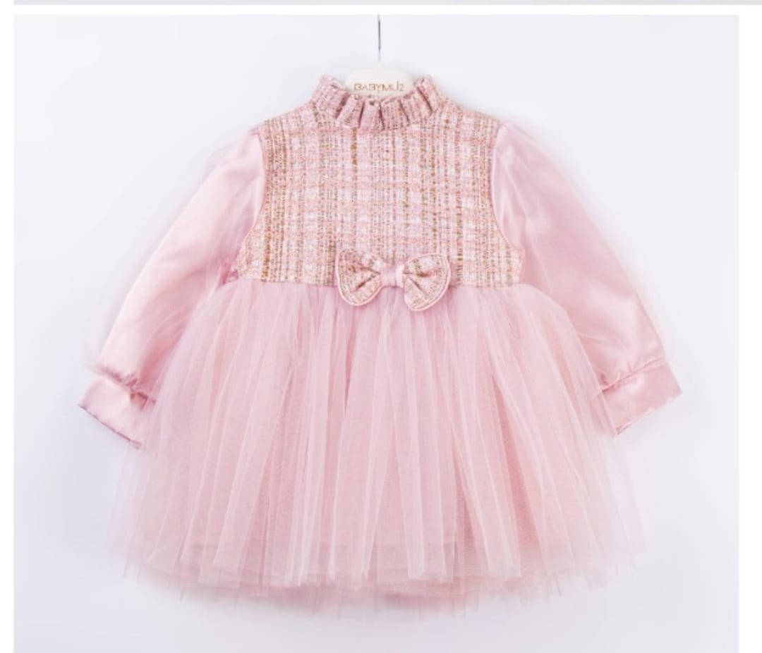 Baby Girls Full Sleeve Glitter Embossed Bow Dress (6-18M)