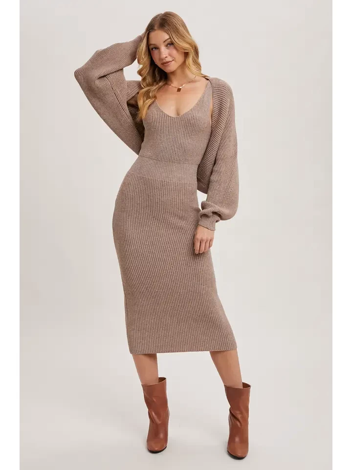 V-Neck Knit Midi Dress and Knit Shrug Set