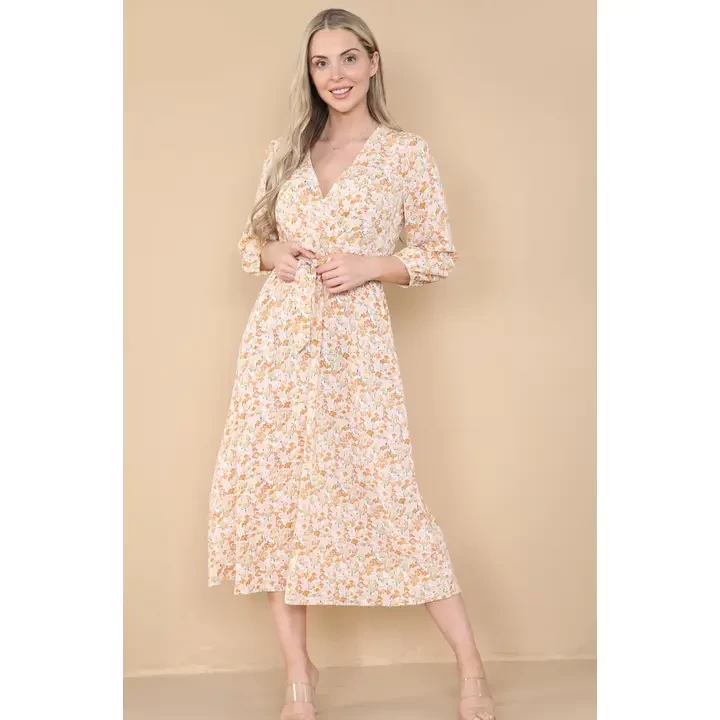 Yellow Floral Printed Wrapped Midi Dress