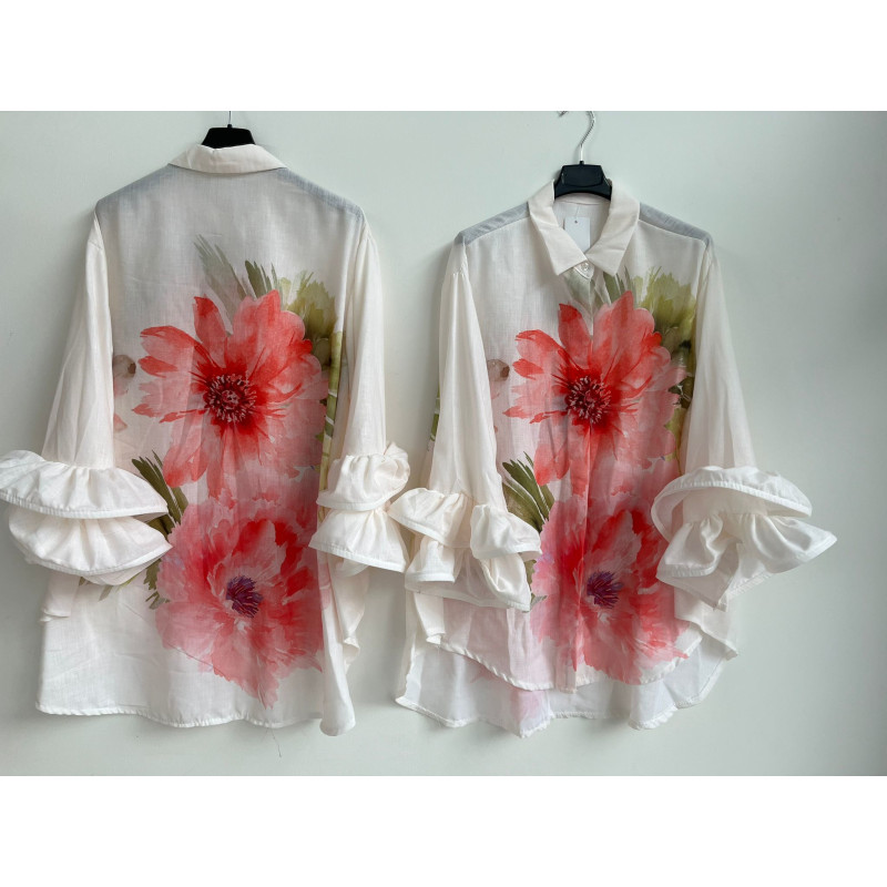 FLUTE SLEEVE ROSE PRINT SHIRT