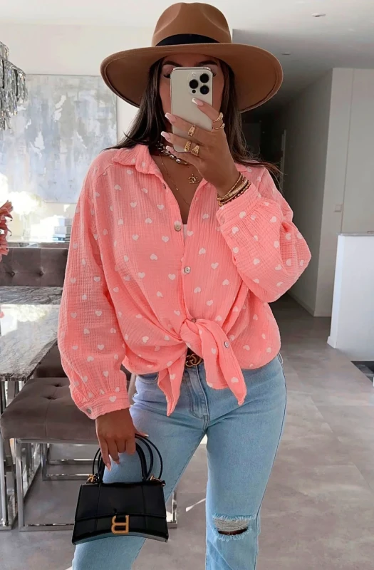 DINA 'HEARTS' PRINT OVERSIZED COTTON GAUZE STYLE BLOUSE SHIRT TOP-CORAL