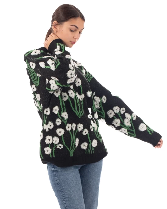 White Multi Floral-Jacquard Wool Blend Oversized Jumper