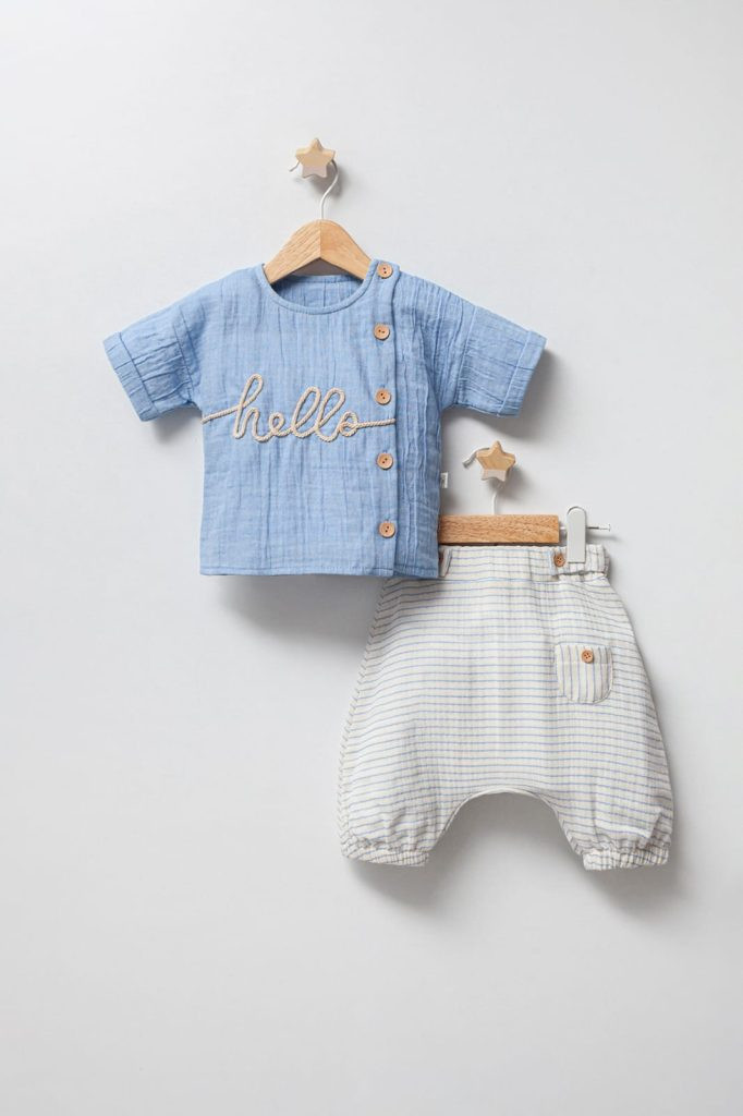 Baby Boys Two Piece “HELLO” Stitch Work Buttoned Short Set (6-24M)
