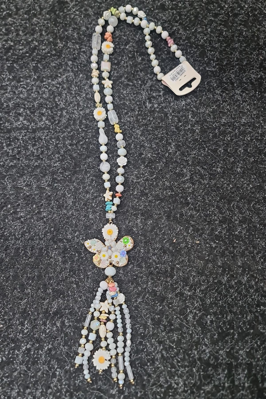 Floral Beaded Butterfly Pendant & Tassel Drop Necklace