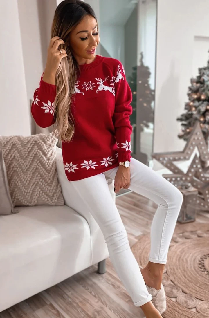 KAMALA 'REINDEER' KNITTED JUMPER SWEATER TOP-RED