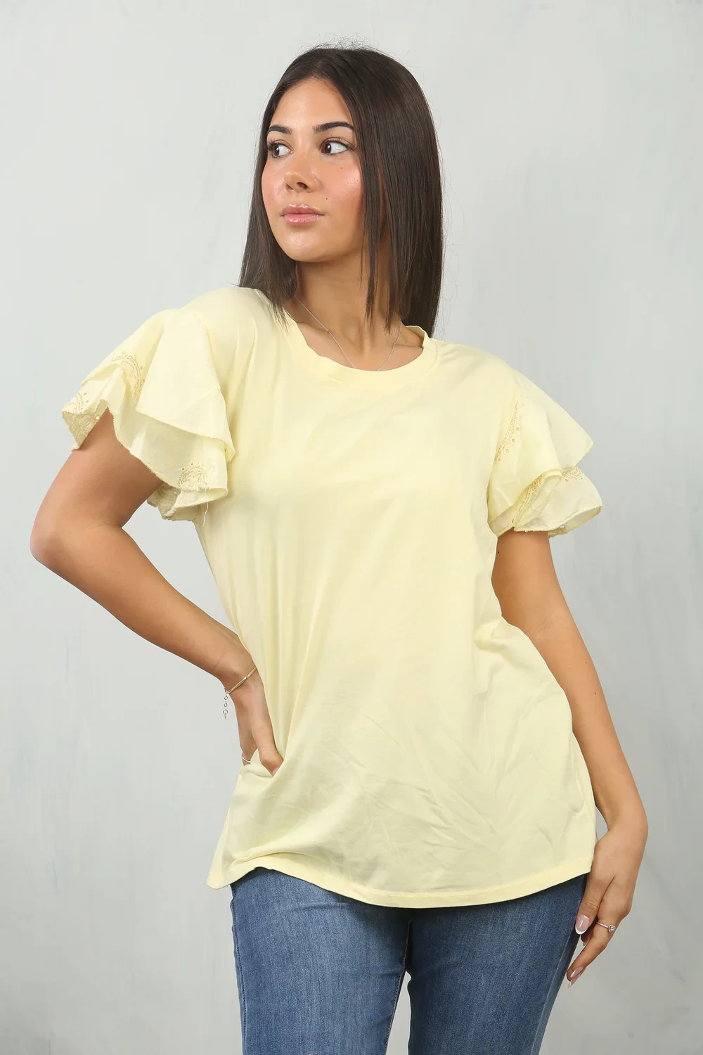FRILL SLEEVE T-SHIRT - yellow