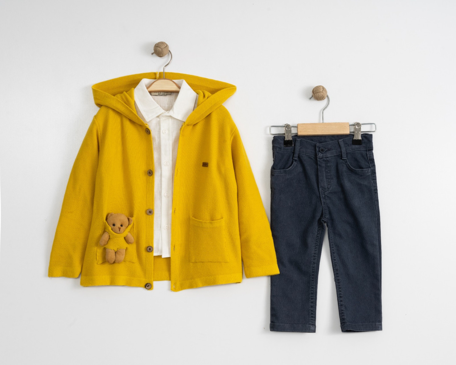 Baby Boys Three Piece Teddy Pocket Knitted Cardigan, Shirt & Jeans Set (6-24M)