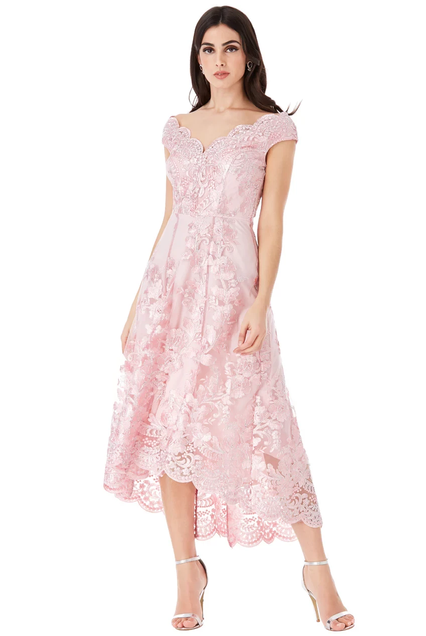 GODDIVA EMBROIDERED LACE MIDI DRESS WITH ASYMMETRICAL HEM