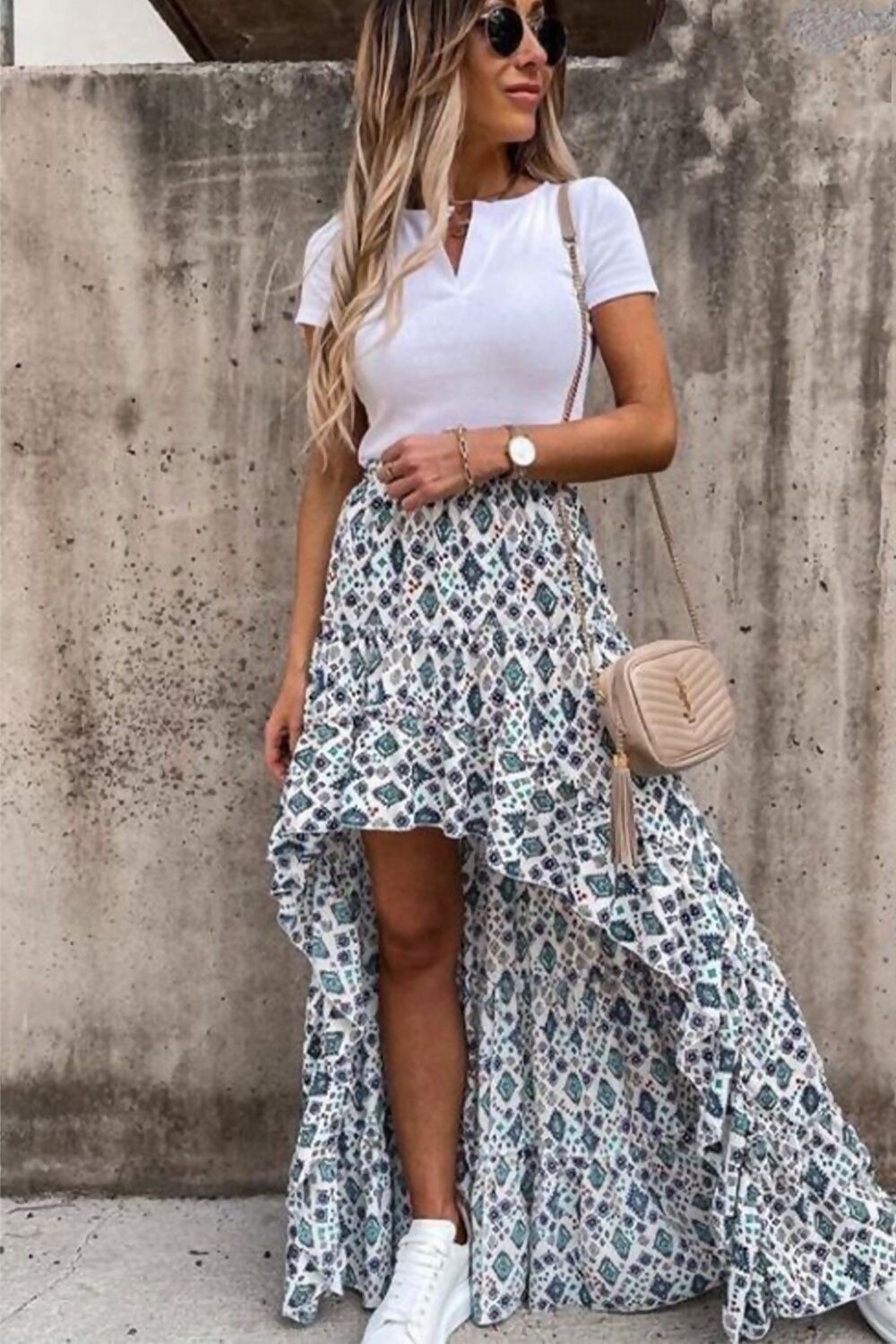 BLUE PRINTED ASYMMETRICAL SKIRT