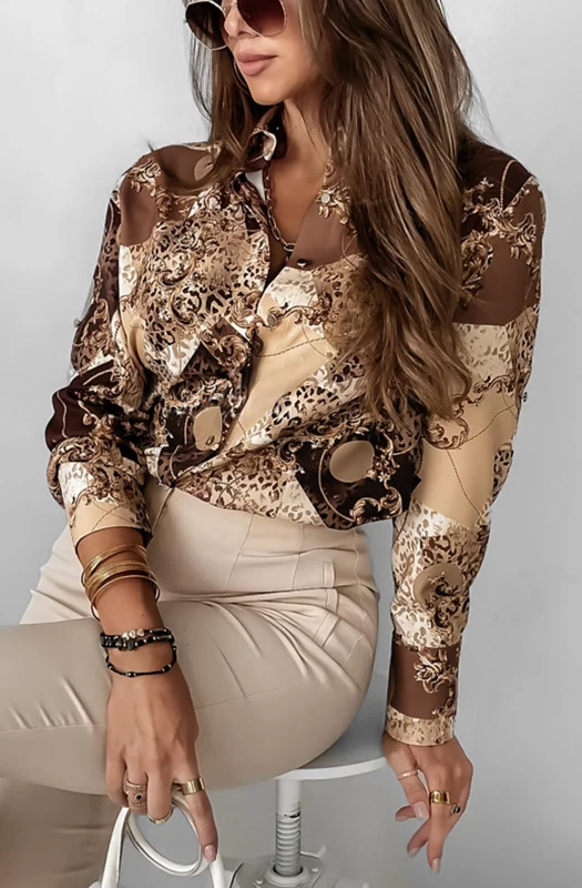 KELSIE COLOUR BLOCK ANIMAL PRINT SHIRT BLOUSE TOP-BROWN