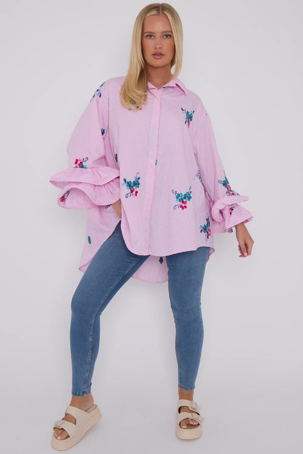 FLOWER PRINT STRIPE OVERSIZED SHIRT