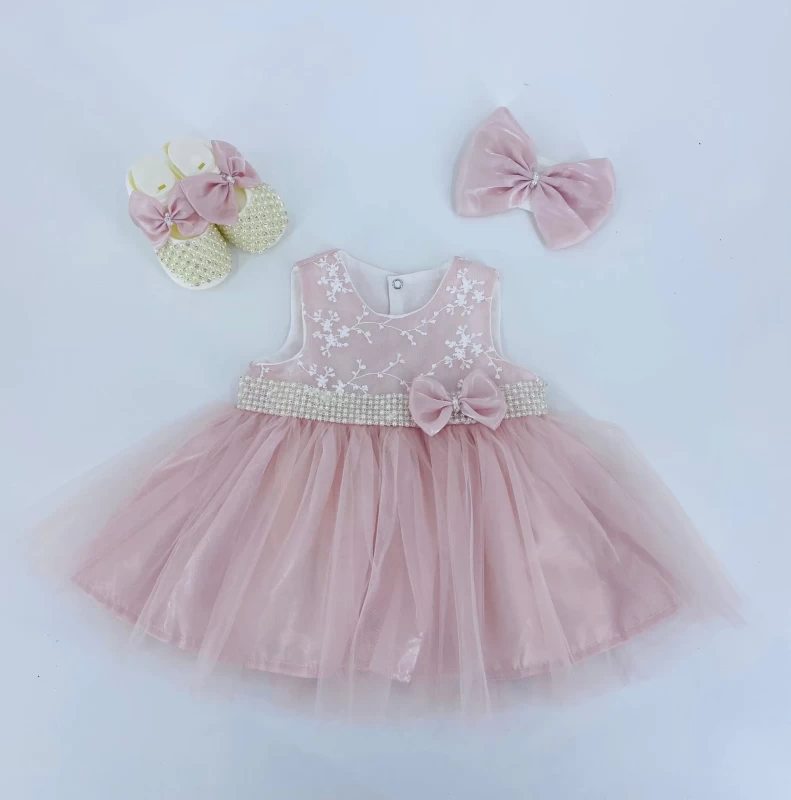 Baby Girls Embroidered Bead Party Dress With Headband & Shoes (6-24M)