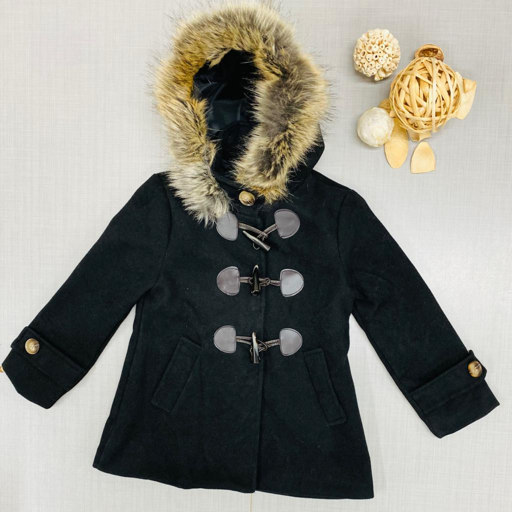Girls Wooly Toggle Hooded Coat with Fur Trim (4-14Y)