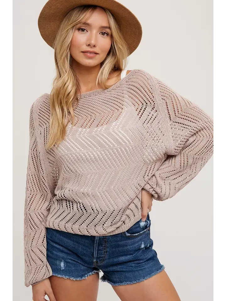 Open Knit Boat-Neck Pullover