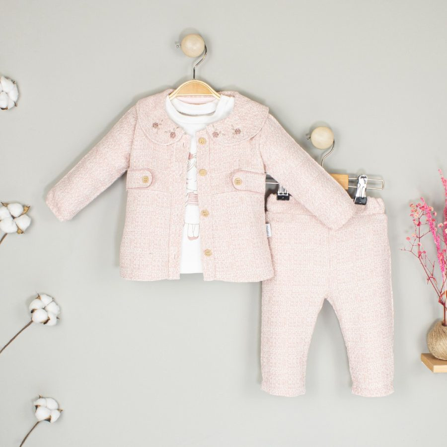 Baby Girls Three Piece Embroidered Embossed Jacket Trouser Set (3-12M)