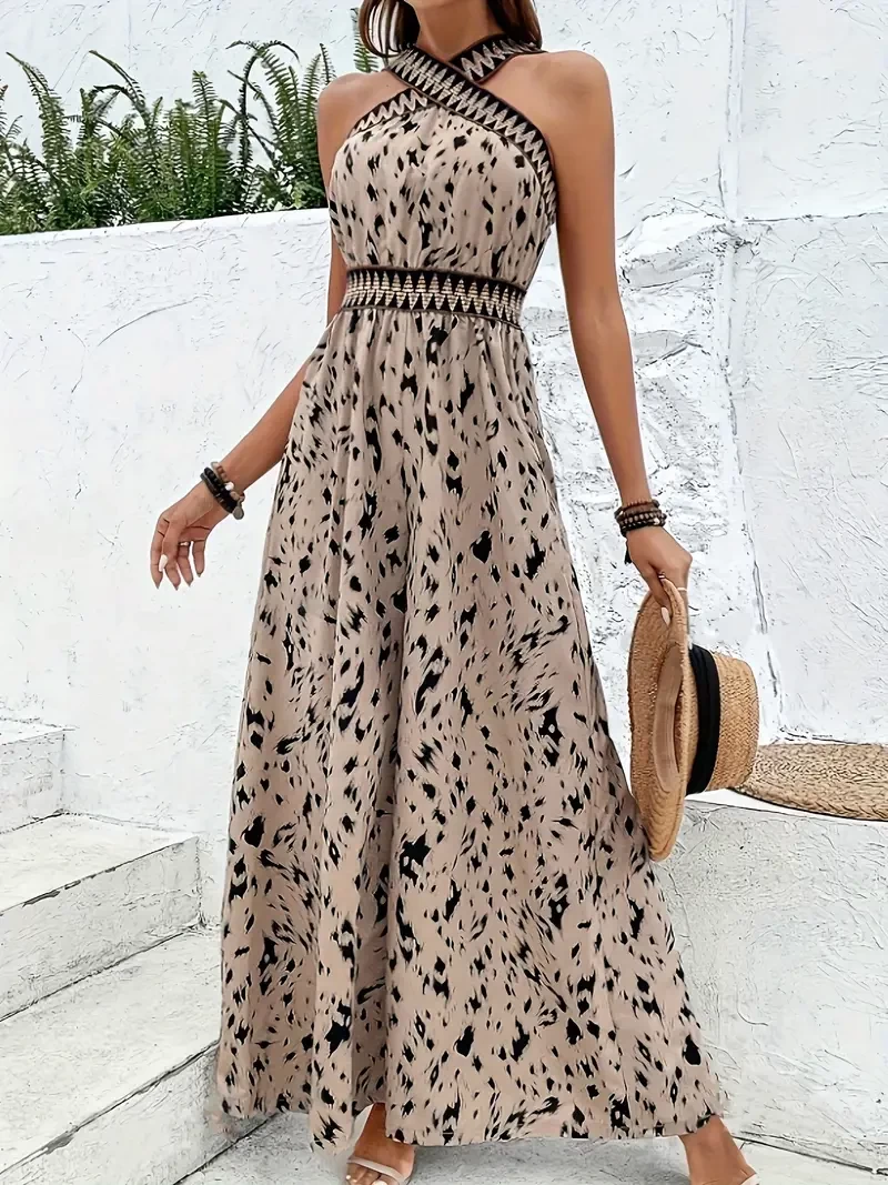 Allover Print Contrast Trim Halter Jumpsuit, Vacation Style Cross Wide Leg Jumpsuit For Spring & Summer, Women's Clothing