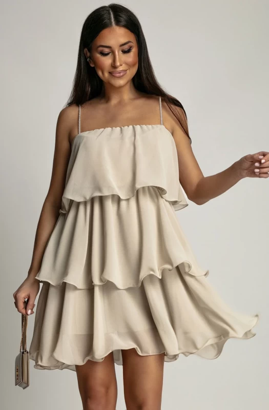KENEDIE CHIFFON FRILL TIERED DRESS-STONE