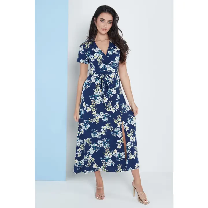 Wrap Front Maxi Dress in Navy Blue Floral Print