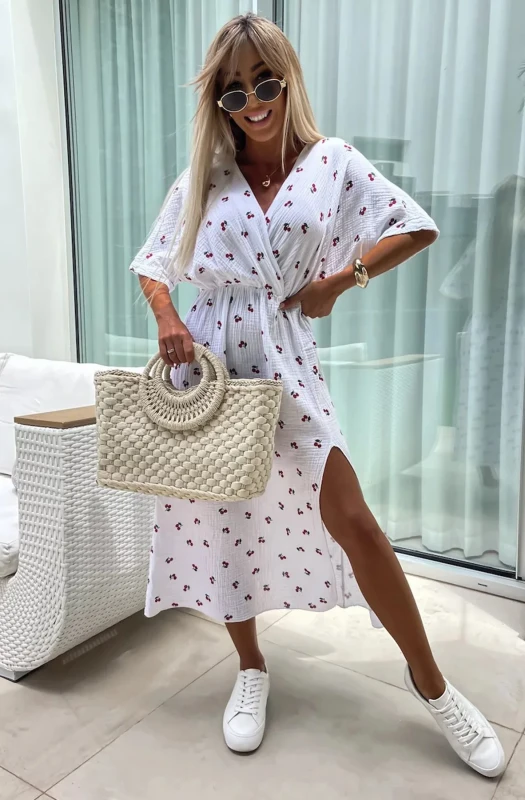 LYNN 'CHERRY' FRONT WRAP SIDE SLIT COTTON GAUZE STYLE MIDAXI DRESS-IVORY