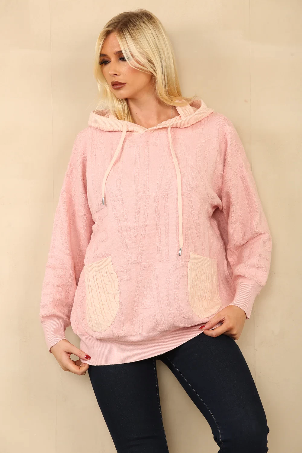 EMERY TEXTURED KNITTED HOODIE - PINK