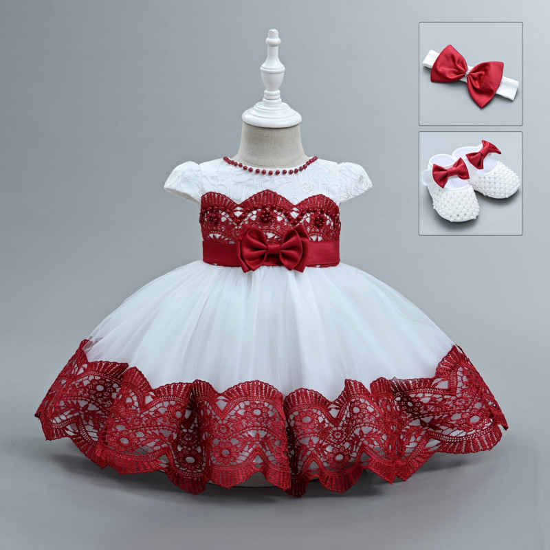 Baby Girls Lace Pearl Bow Party Dress with Shoes and Headband (6-24M)