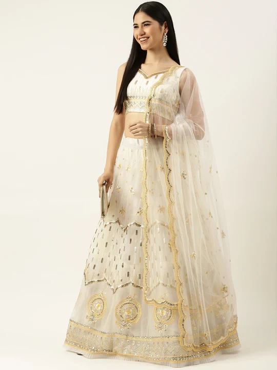 Sangeet Wear Cream Sequinned Net Lehenga Choli
