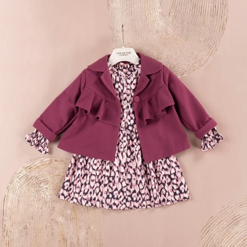 Girls Two Piece Heart Print Dress & Wooly Jacket Set (2-5Y)
