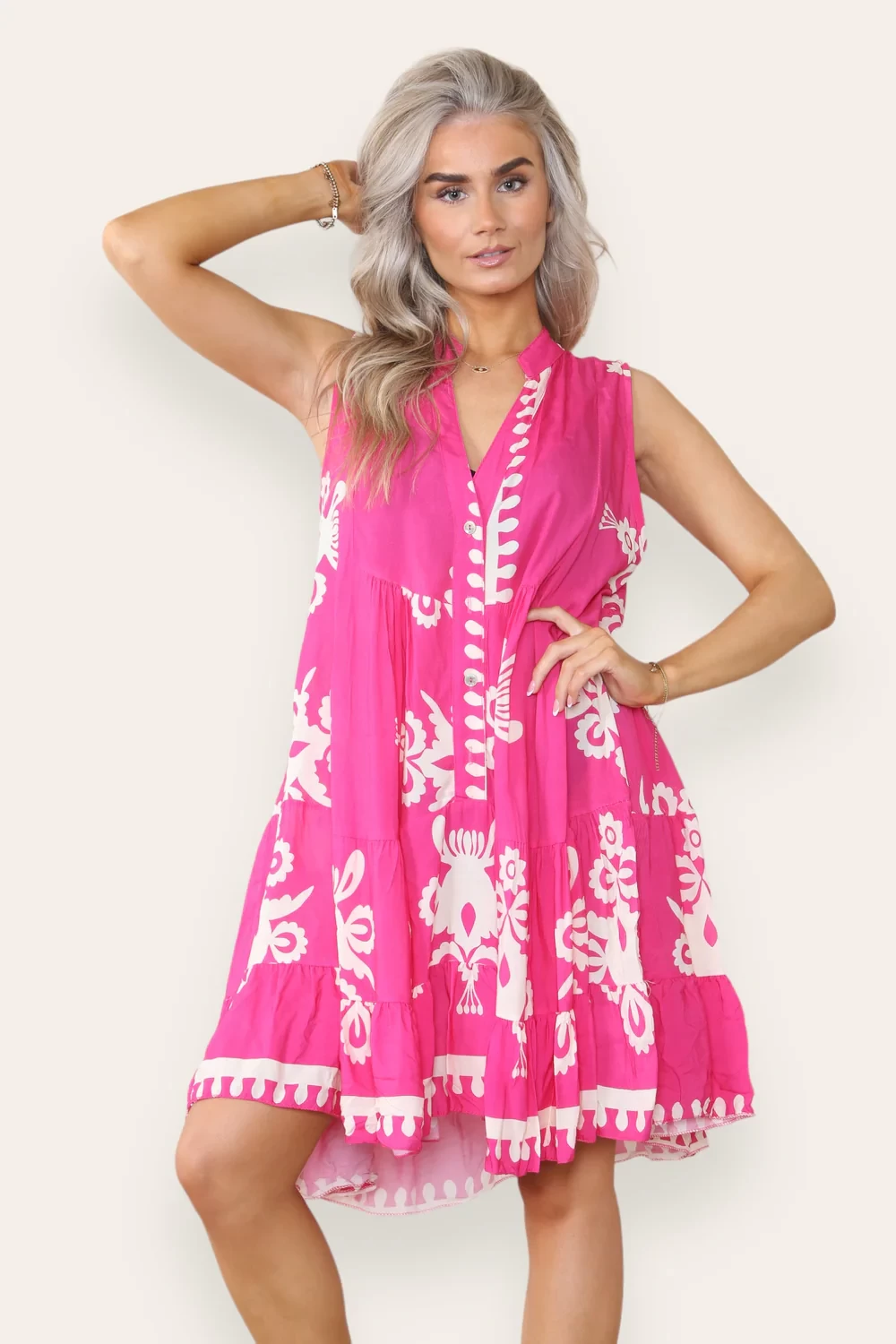 AVA PRINTED SLEEVELESS SMOCK DRESS - PINK