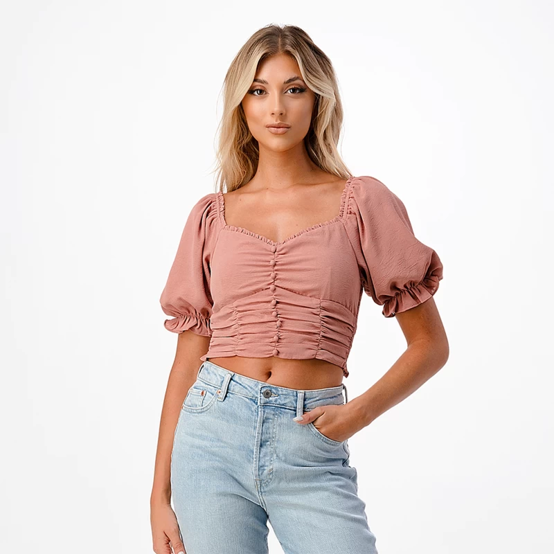 Puff Sleeve Ruched Crop Top