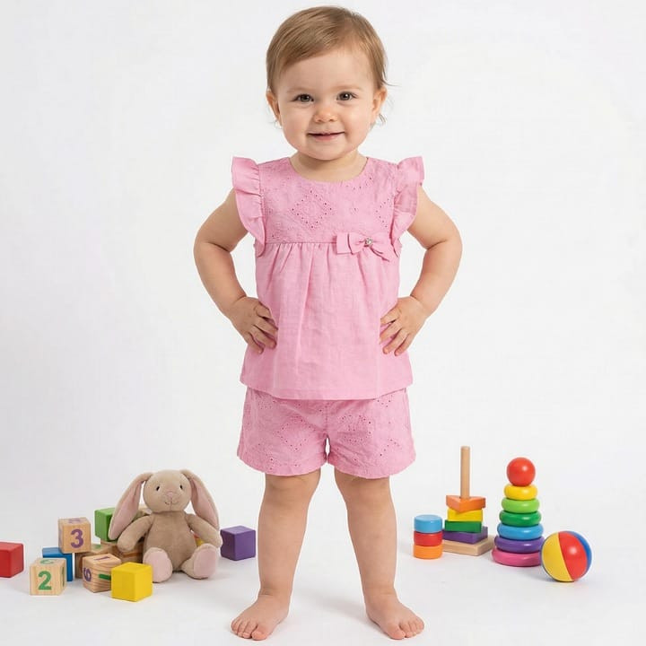 Baby Girls Two Piece Anglaise Embroidered Bow Top & Shorts Set (12-36M)